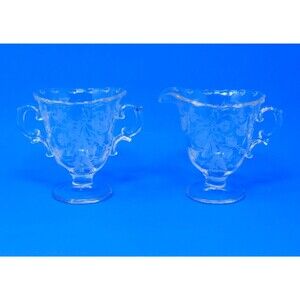 Fostoria Vintage Heather Etched Glass Creamer and Open Sugar Bowl Set Pedestal